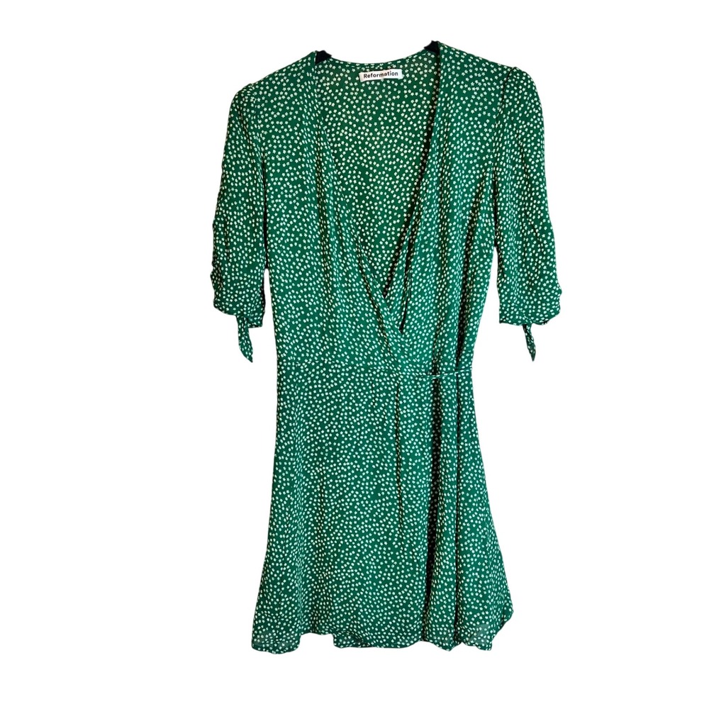 Reformation Sammi Lucky Wrap Dress Green Floral Star Print Tie Sleeve Mini Small